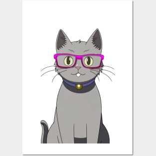 Cute Grey Cat with Nerdy Pink Glasses - Anime Wallpaper Posters and Art
